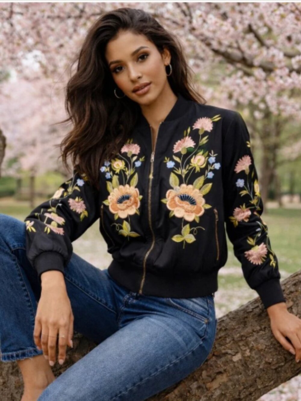 Nordstrom Glamorous Bomber Jacket with Floral Embroidery
